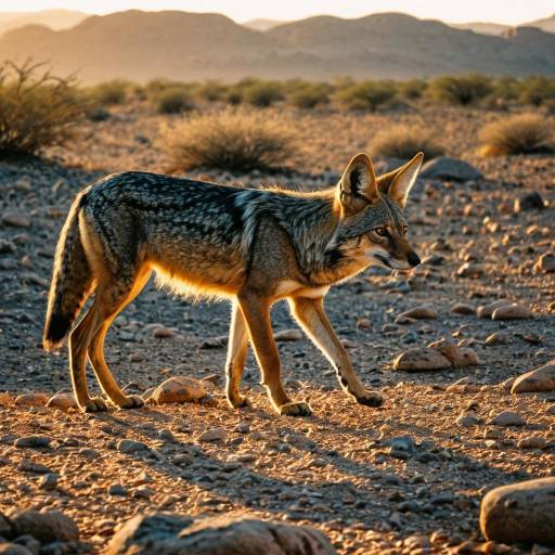 Golden Morning Jackal in Rocky Desert