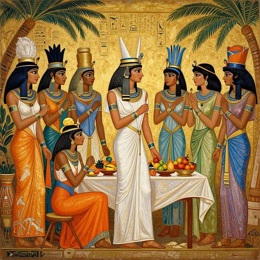 Ancient Egyptian artwork depicting seven women in colorful, ornate dresses and headpieces, standing and sitting around a table with fruit, against a gold-h