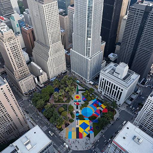 Aerial photo of a vibrant, colorful public plaza surrounded by tall, modern skyscrapers in a bustling urban cityscape.