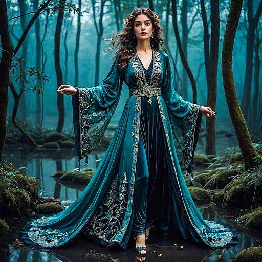 Graceful Woman in Aquamarine Velvet Robes in Moonlit Forest