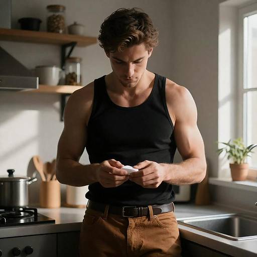 Muscular Man in Kitchen with White Object