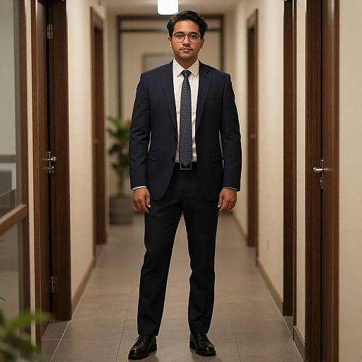 Photograph of an Indian man in a dark suit, white shirt, and patterned tie, standing confidently in a long, narrow, well-lit