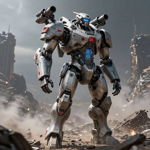 Digital CGI of a towering, white, futuristic mecha with blue and red lights, standing amidst a ruined, smoky cityscape with distant, damaged