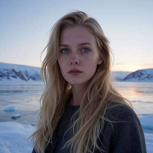 Photograph of a blonde, blue-eyed woman with wavy hair, wearing a dark sweater, standing in a snowy, icy landscape at sunset.