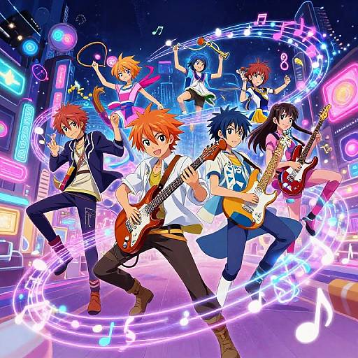 Anime-style digital illustration of five colorful, energetic musicians with various instruments, performing in a neon-lit cityscape with swirling musical notes.