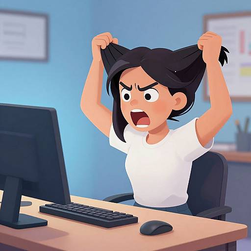 Cartoon-style illustration of an angry woman with black hair, pulling her hair, seated at a desk with a computer, keyboard, and mouse. Background