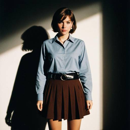 Young Woman in Blue Shirt and Brown Skirt