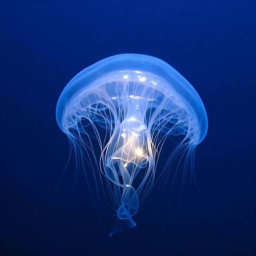 Photograph of a glowing blue jellyfish with translucent tentacles and bright white bioluminescent spots against a deep blue ocean background.
