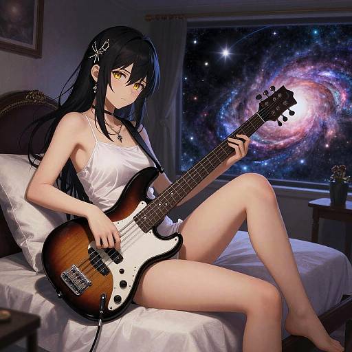 Realistic Girl Playing Bass in Galaxy Bedroom