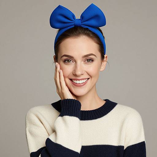 Photograph of a smiling woman with fair skin, dark brown hair, and blue bow headband, wearing a white and black striped sweater, against a