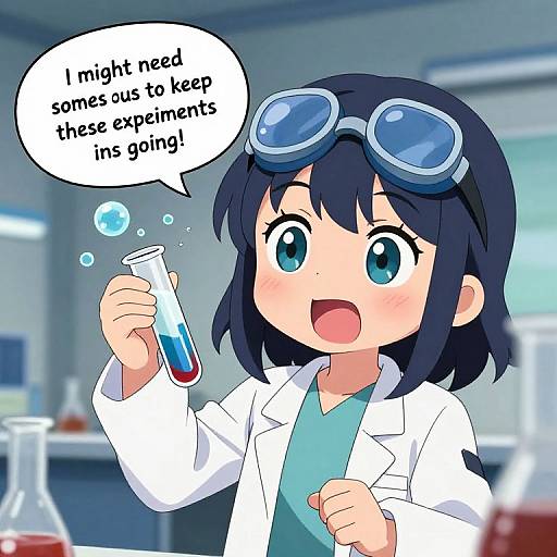 Anime-style digital drawing of a blue-haired girl in a white lab coat, goggles, and green shirt, holding a test tube with blue liquid, saying