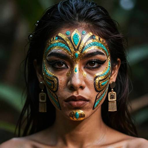 Photograph of a woman with dark hair, wearing elaborate gold and turquoise face paint, large earrings, and intense makeup, set against a blurred forest background
