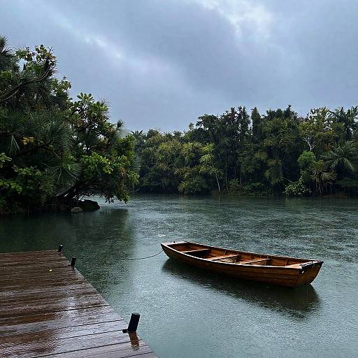 Photograph of a lone wooden boat floating on a calm, reflective lake surrounded by lush, green trees under a cloudy, overcast sky, with a