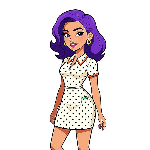 Digital illustration of a stylish woman with purple hair, wearing a white polka dot dress, gold earrings, and red-trimmed collar. She stands