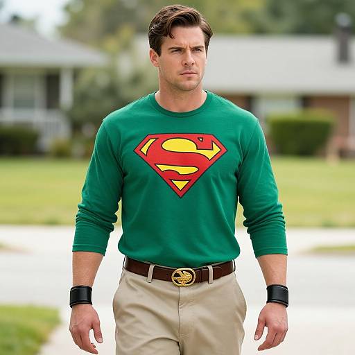 Photograph of a handsome, serious-looking man with short brown hair, wearing a green Superman shirt, beige pants, black wristbands, and a gold