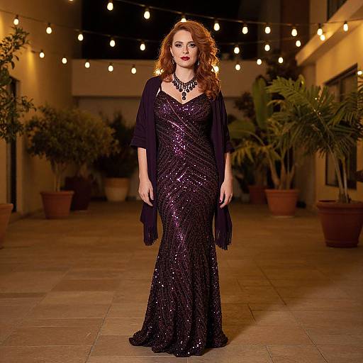 Photograph of a red-haired woman in a shimmering purple sequin dress, black cardigan, and necklace, standing in an outdoor courtyard with string