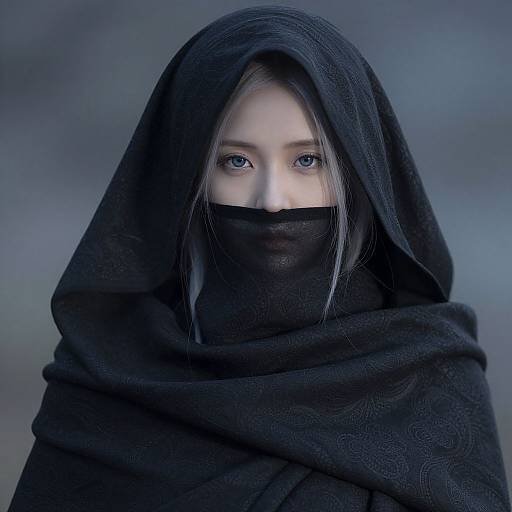 Photograph of a pale-skinned woman with blue eyes, wrapped in a black, patterned shawl covering her hair and mouth, against a blurred