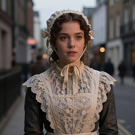 Photograph of a young woman with fair skin, brown curly hair, and large eyes, wearing a Victorian-style lace maid dress and headpiece, standing