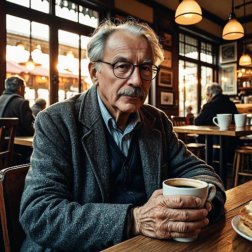 Elderly Man Drinking Coffee in Cozy Cafe