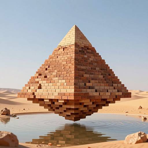 CGI pyramid made of pixelated bricks floating above a desert oasis with clear water ripples beneath, under a bright blue sky.