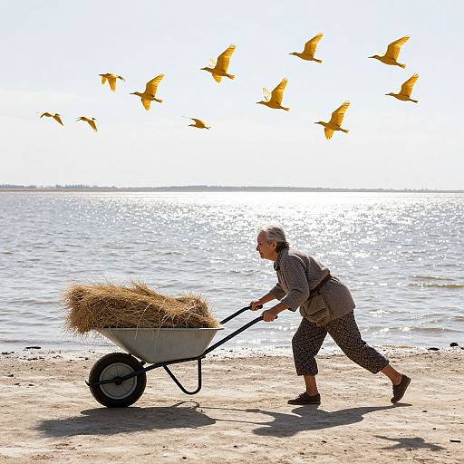 Photograph: Elderly woman with gray hair, wearing checkered shirt and patterned pants, pushes wheelbarrow with hay on sandy beach, surrounded
