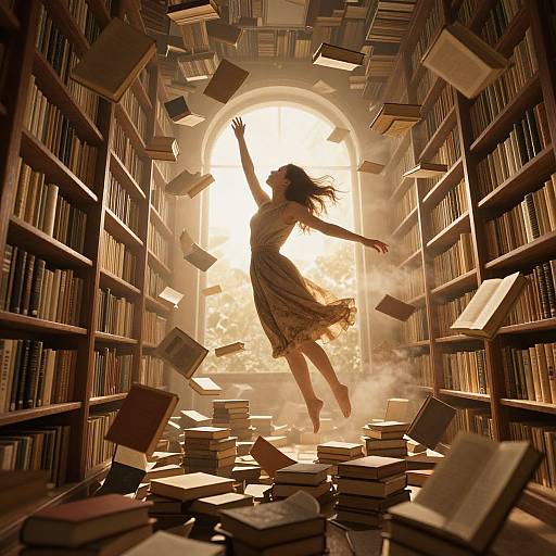 Digital artwork of a woman in a flowing dress, jumping joyfully amid flying books in a sunlit, book-filled library.