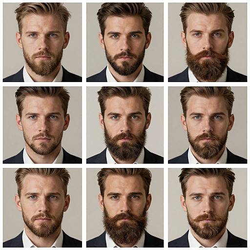 Photographic collage of six headshots of a bearded Caucasian man with light brown hair, blue eyes, and formal attire.