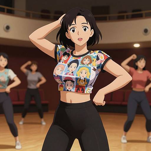 Anime-style digital drawing of a young woman with short black hair, wearing a colorful cartoon-print crop top and black leggings, dancing in a dimly lit
