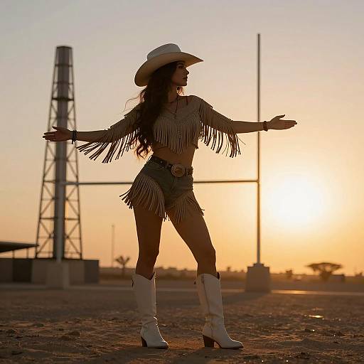 Woman in Cowboy Attire at Sunset