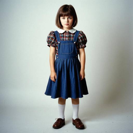 Young Girl in Plaid Shirt and Blue Pinafore Dress