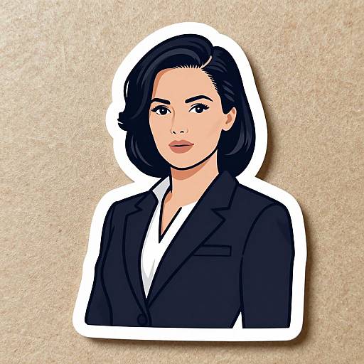 Digital pop art portrait of a woman with short black hair, wearing a black blazer over a white shirt, on a beige textured background.