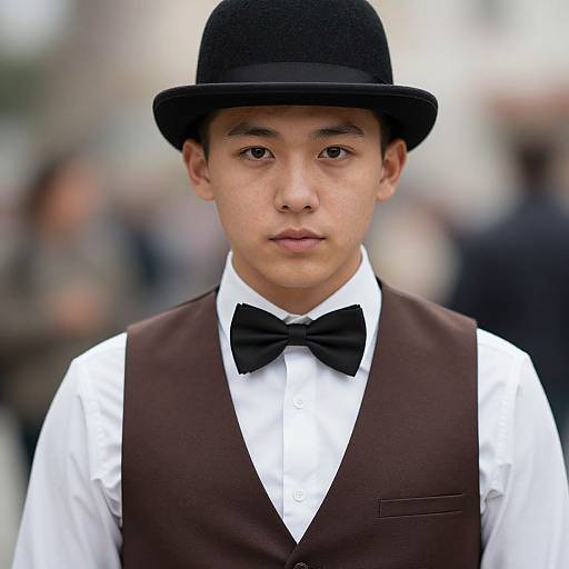 Photograph of a young Asian man with fair skin wearing a black bowler hat, white shirt, black bow tie, and brown vest, standing in