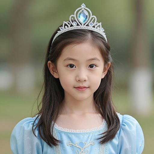 Photograph of an Asian girl with straight black hair, wearing a silver tiara and light blue dress, standing in a blurred green park.