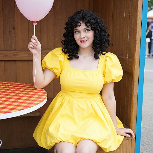 Cheerful Woman in Yellow Puff Dress