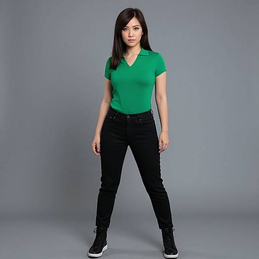 Photograph of an Asian woman with straight black hair, green V-neck shirt, black jeans, and black sneakers, standing confidently against a plain gray background