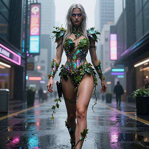 Photorealistic CGI of a glowing-eyed, white-haired woman in leafy, neon-embellished attire striding down a rain-soaked,