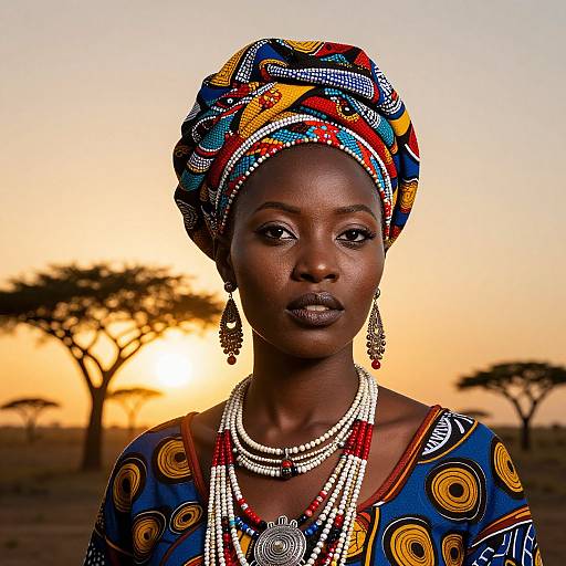 Photograph of a dark-skinned African woman with intricate headwrap, colorful patterned dress, multiple beaded necklaces, and earrings, against a