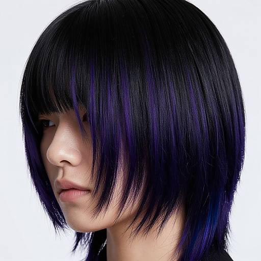 Photograph of an East Asian woman with straight, black, shoulder-length hair with purple highlights, partially covering her face, against a white background.