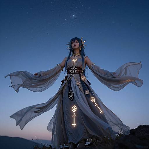 Cosplay photograph of a woman with blue hair, wearing a glowing, ethereal, white dress with mystical symbols, under a twilight sky.