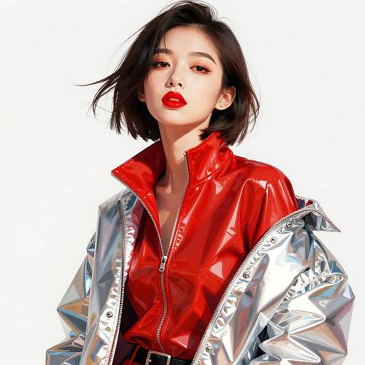 Stylish Woman in Red and Silver Jackets