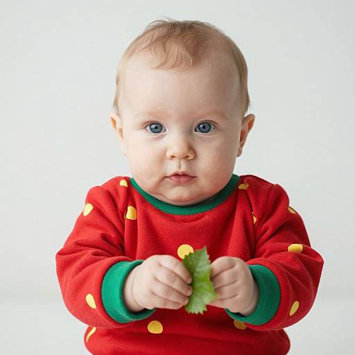Baby in Colorful Outfit Holding Leaf
