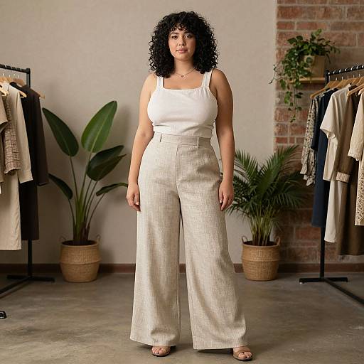 Photograph of a plus-sized woman with curly black hair, wearing a white tank top and high-waisted beige trousers, standing in a stylish,