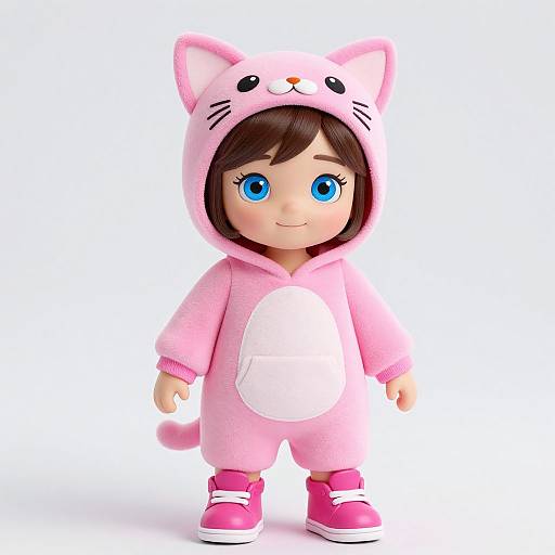 Digital illustration of a cute child with blue eyes, brown hair, wearing a pink cat-themed onesie, pink shoes, and standing against a white background