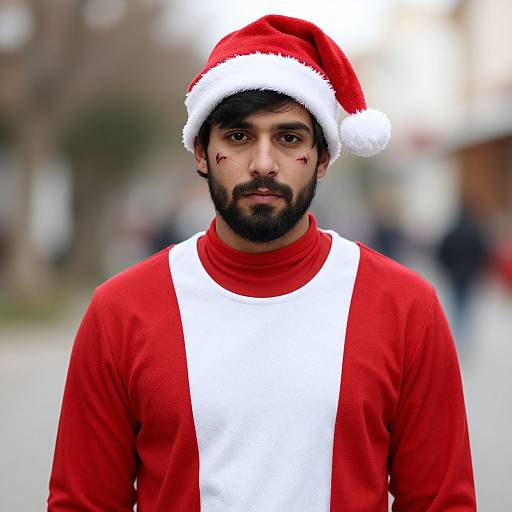 Photograph of a bearded man with dark skin wearing a red Santa hat and red sweater with white suspenders, standing outdoors in a blurred urban background