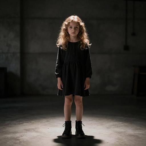 Young Girl in Dark Dress Standing in Industrial Room