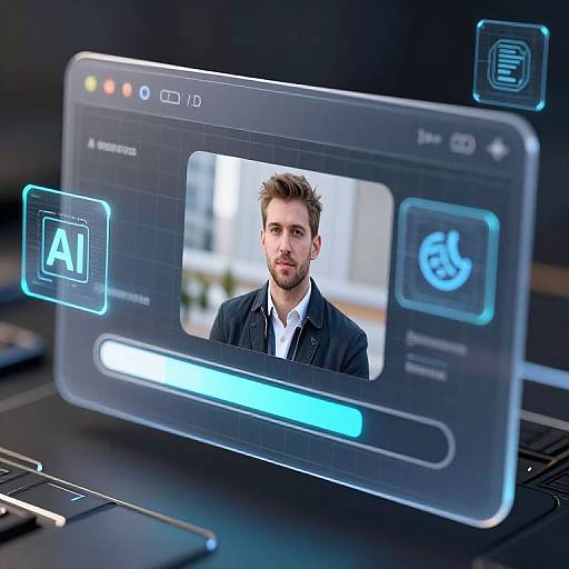 Digital image of a futuristic interface displaying a young man with short brown hair and beard, wearing a black jacket, on a blurred background. Glowing blue