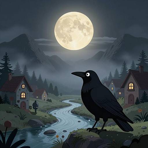Mystical Raven in a Dreamy Village
