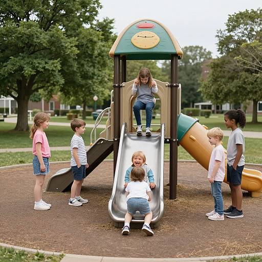 Photograph of six children playing on a colorful playground slide and climbing structure in a green park with trees and buildings.