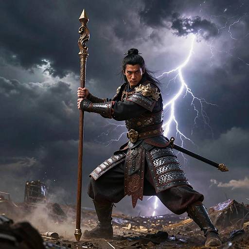 Ancient Warrior with Staff in Stormy Battlefield