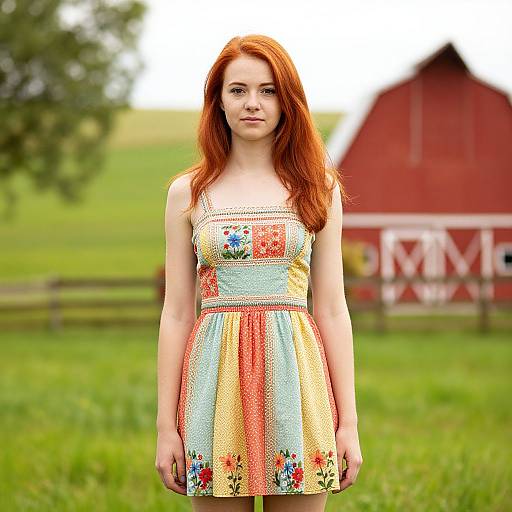 Photograph of a fair-skinned, red-haired young woman in a colorful, floral-patterned sundress, standing in a green, rural field with